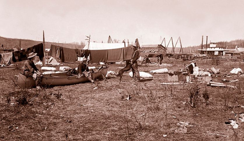 campement de klondikers à Athabasca Landing